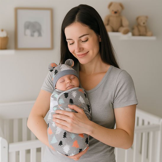 Couverture enveloppante bebe grise motifs sapins.
