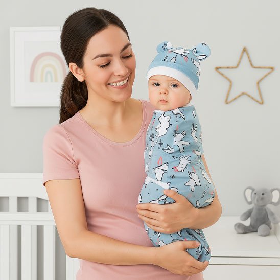 Couverture enveloppante bebe motifs lapins bleus avec bonnet.