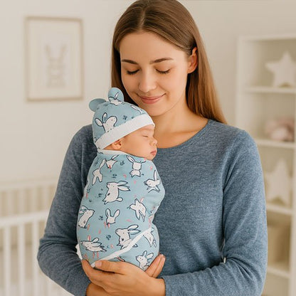 Couverture enveloppante bebe motifs lapins bleus.