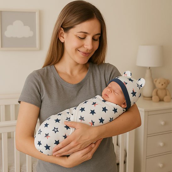 Couverture enveloppante blanche bebe motifs étoilés.