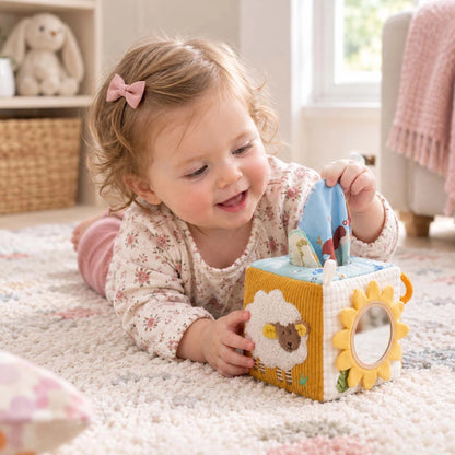 Cube d'activite bebe animaux de la ferme stimulant avec miroir.