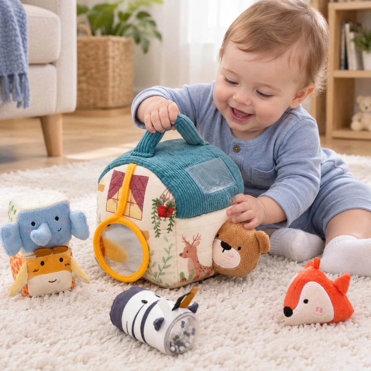 Cube d'activite bebe avec animaux en peluche.