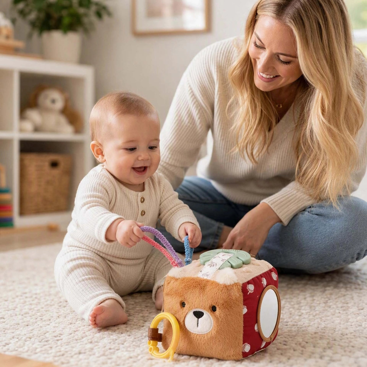 Cube d'activite bebe d'éveil sensoriel Montessori multi-faces en tissu. 