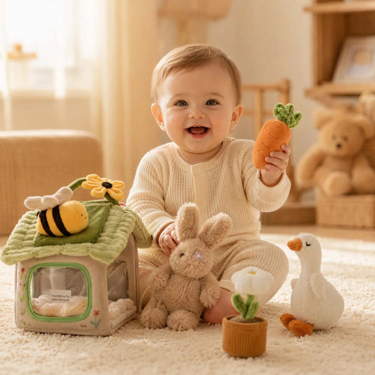Cube d'activite bebe en peluche avec animaux de la ferme.