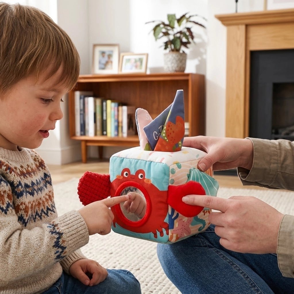 Cube d'activite bebe en tissu avec petit crabe rouge.