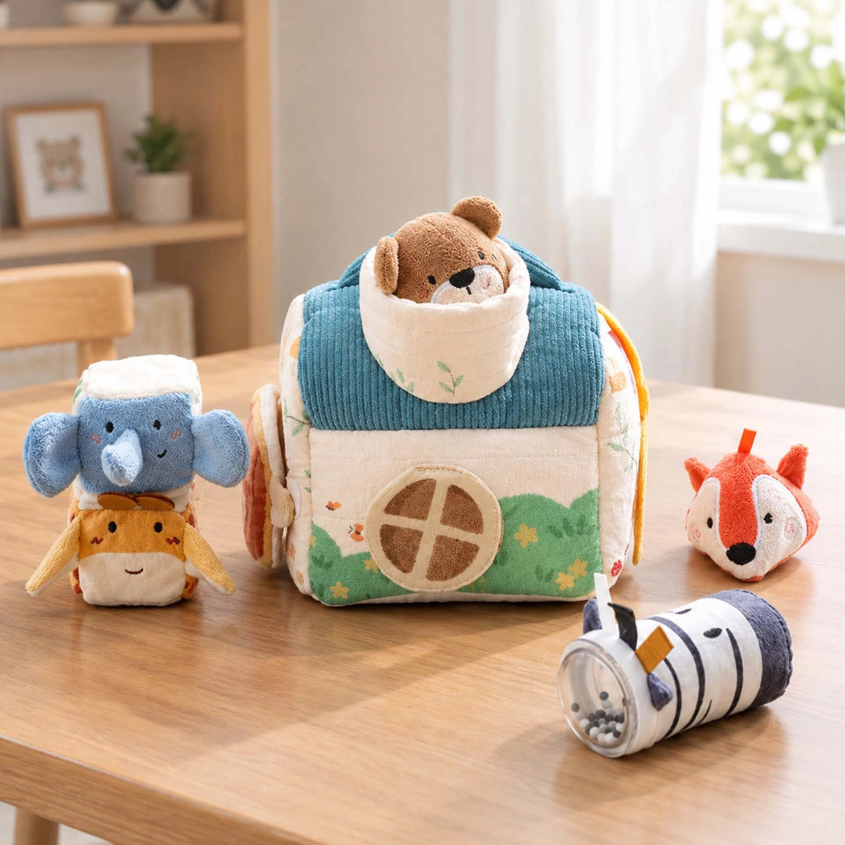 Cube d'activite bebe maisonnette en tissu avec animaux en peluche.