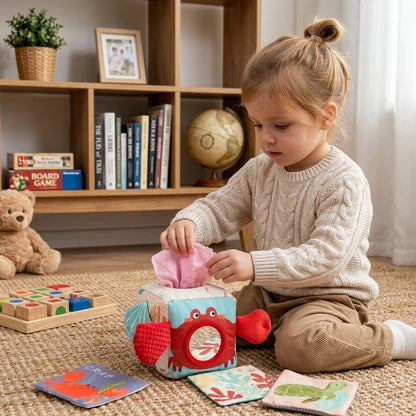 Cube d'activite bebe sensoriel avec six faces interactives.