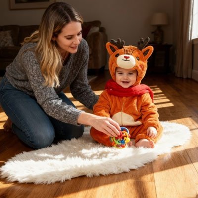 Déguisement bebe barboteuse en peluche avec capuche cerf 3D.