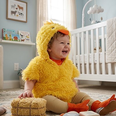Déguisement bébé barboteuse poussin en peluche.