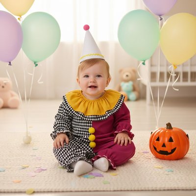 Déguisement bébé Clown Arlequin pour fêtes d'enfants, Carnavals et Halloween.