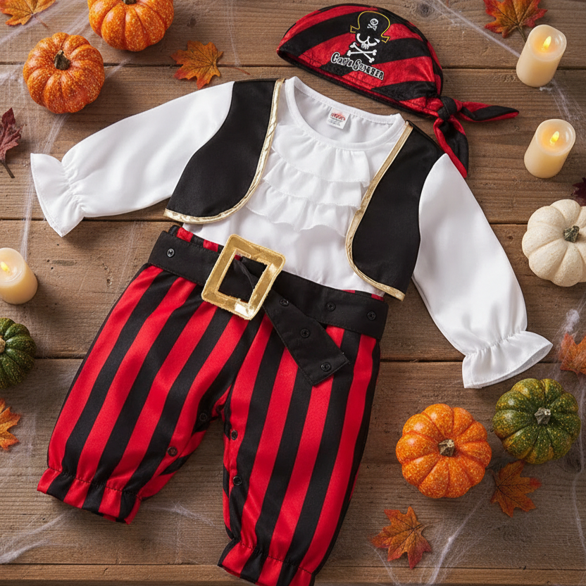 Déguisement bebe costume de pirate 4 pièces sur une table en bois.