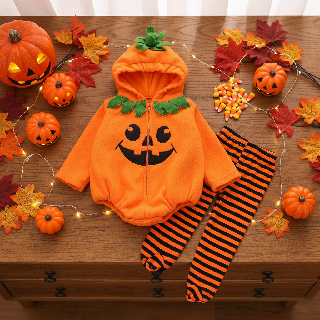 Déguisement bébé deux pièces costume d'Halloween sur un bureau en bois.