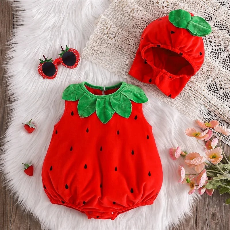 Déguisement bébé fraise barboteuse deux pièces.