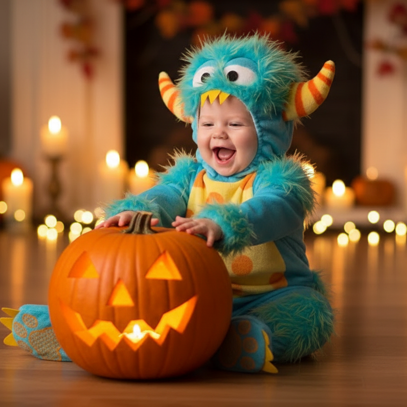 Déguisement bebe monstre bleu avec une citrouille.