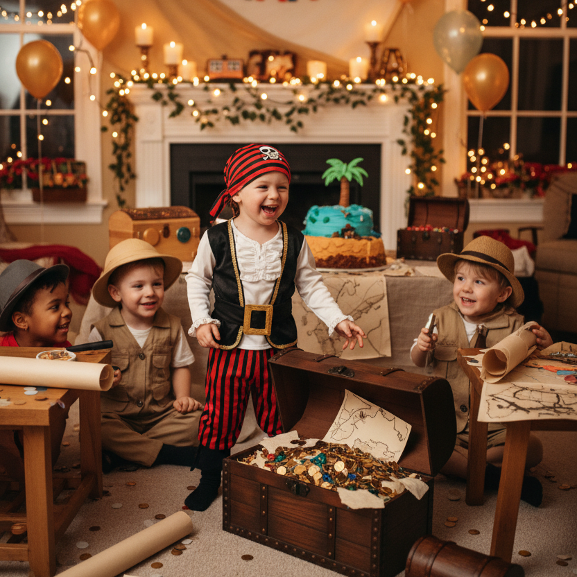 Enfant à une fête thématique aventuriers portant son déguisement bebe pirate. 