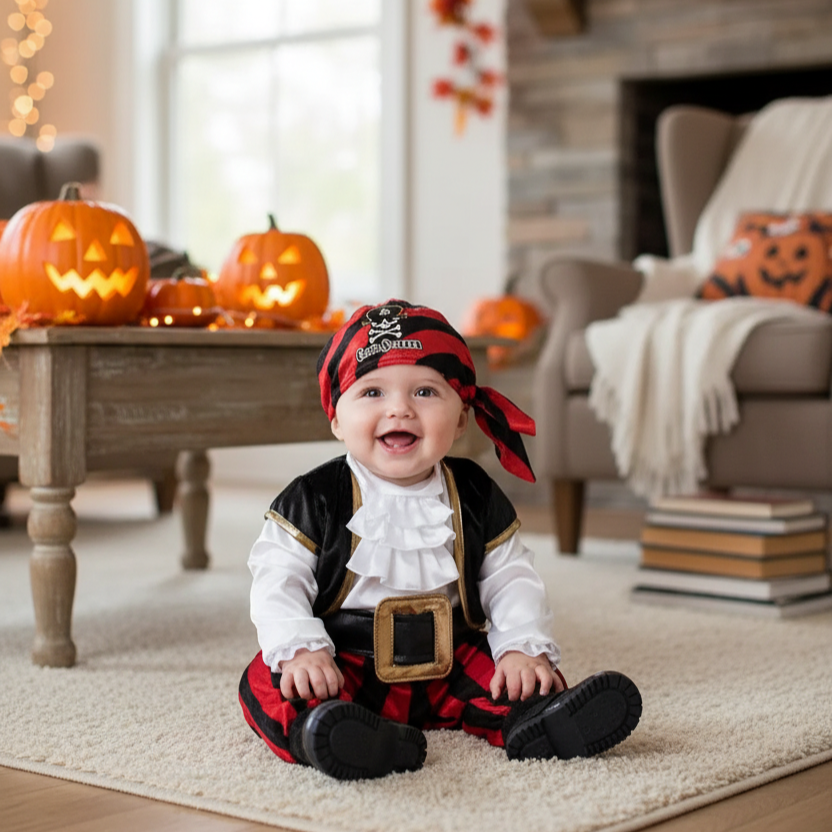 Bébé au salon dans son déguisement bebe pirate à l'Halloween.