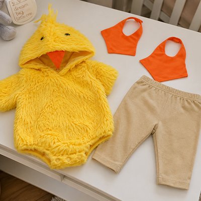 Déguisement bébé poussin jaune en fourrure 4 morceaux.