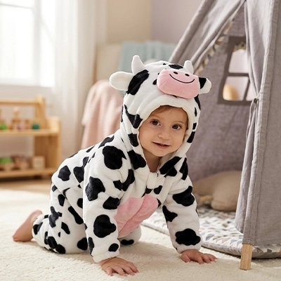 Deguisement vache​ barboteuse chaude à fermeture éclair.