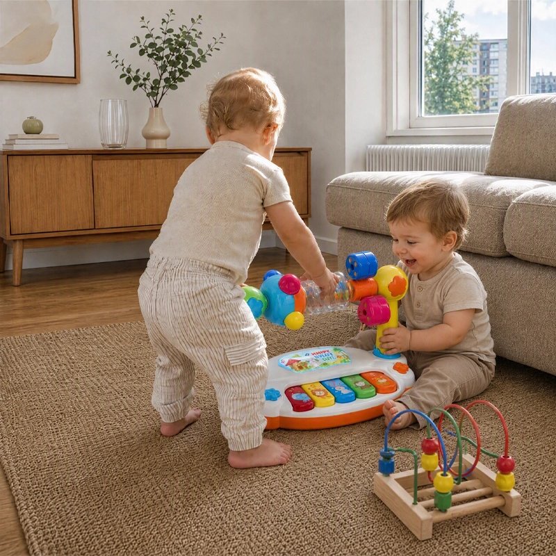 Deux bébés jouant au salon avec leur jouet piano bebe.