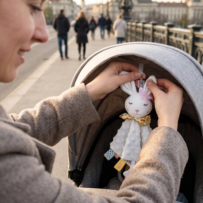 Doudou lapin blanc jouet suspendu pour poussette.