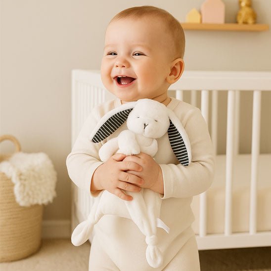 Doudou lapin blanc rayé super soyeux.