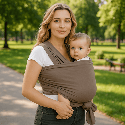 Maman en promenade transportant bébé dans écharpe de portage bébé