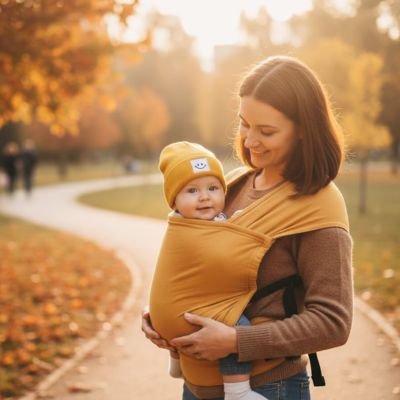 Écharpe de portage et bonnet bebe jaune moutarde pour l'automne.