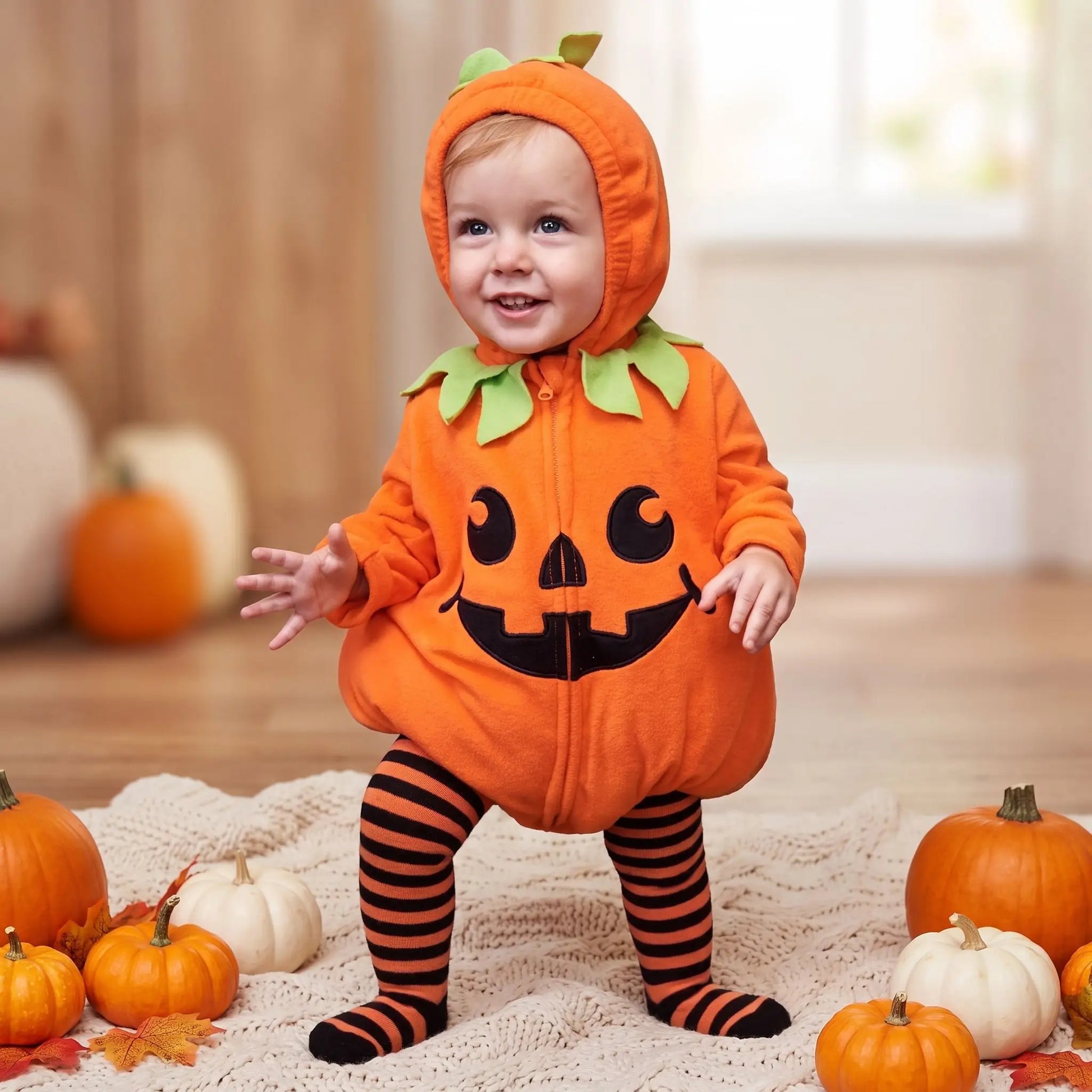 Enfant avec son déguisement bébé citrouille mignonne pour Halloween.