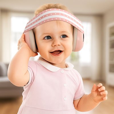 Enfant découvrant le calme grâce à son casque anti bruit bébé rose.