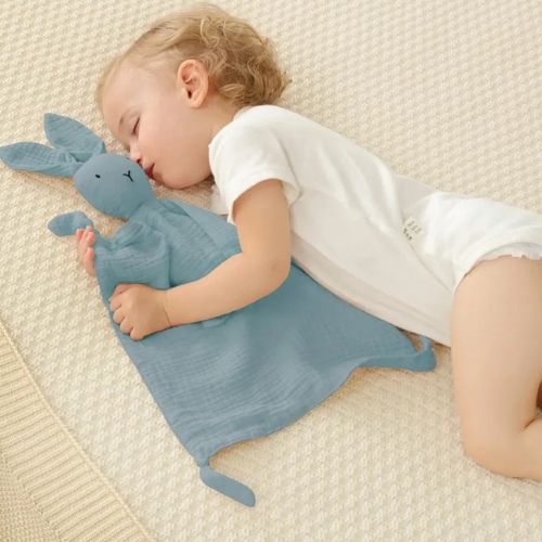 Enfant endormi rassuré par doudou lapin bleu