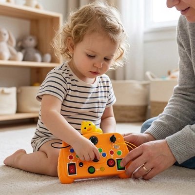 Enfant jouant avec les interrupteurs de son busy board bebe orange.