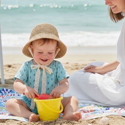 Enfant qui joue dans le sable et qui porte son chapeau bebe Panama.