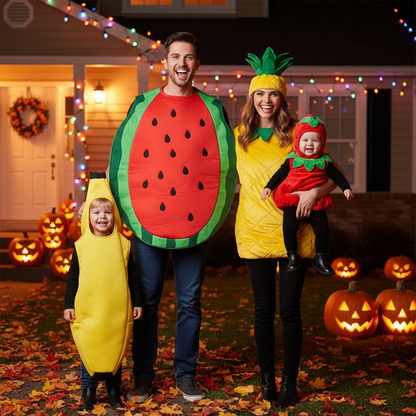 Famille en fruits à l'Halloween avec bébé dans son déguisement bébé fraise.