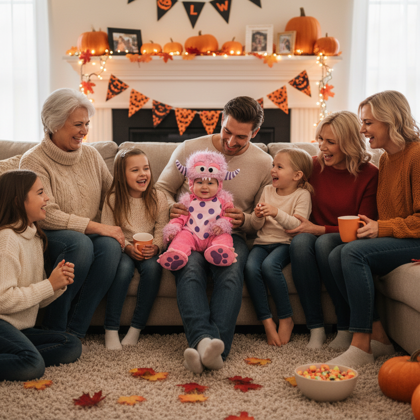 Famille à l'Halloween avec bébé dans son déguisement bebe monstre rose.