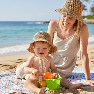 Fillette à la plage avec son chapeau bebe de paille.