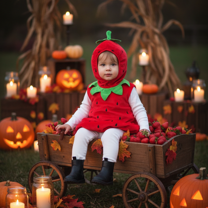 Fillette assise dans un chariot en bois avec son déguisement bébé fraise.