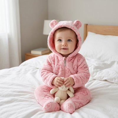 Fillette assise sur le grand lit dans combinaison bebe polaire rose.