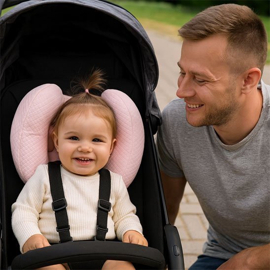 Fillette dans sa poussette avec un cale tete bebe rose.