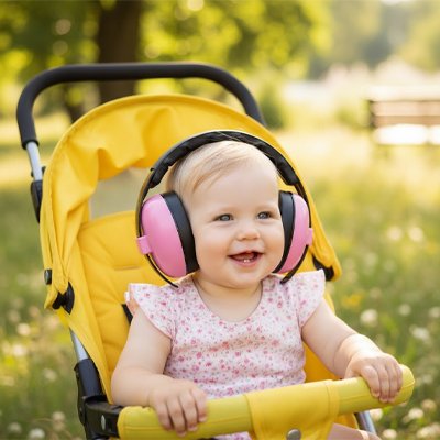 Fillette dans sa poussette jaune avec son casque anti bruit bébé rose.
