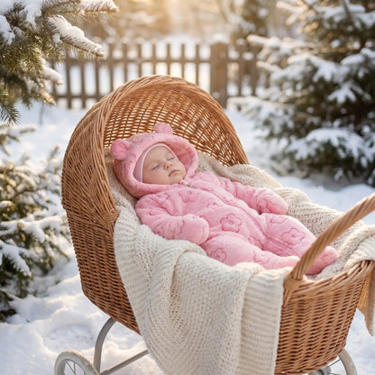 Fillette endormie dans son landeau dans sa combinaison bebe rose polaire.