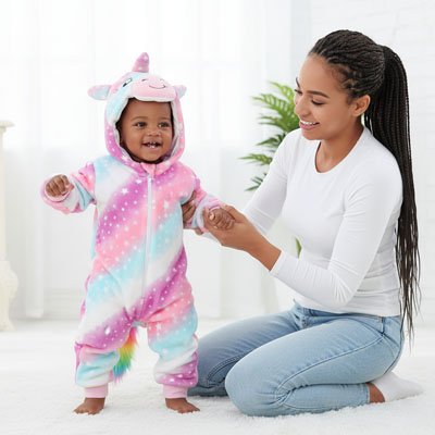 Fillette heureuse dans son déguisement bebe avec capuche licorne 3D.