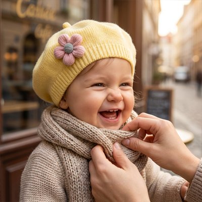 Fillette mignonne avec son bonnet bebe jaune orné d'une fleur.