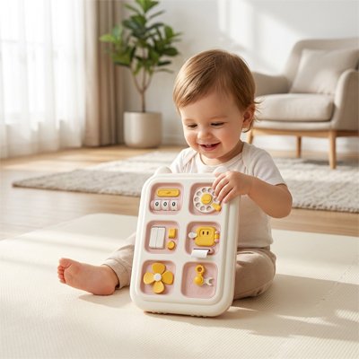 Fillette qui s'amuse avec son busy board rose.