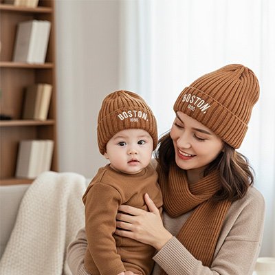 Garçon portant un bonnet bebe caramel et maman avec bonnet assorti.