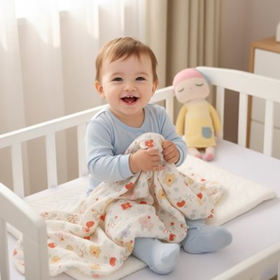 Garçonnet tenant sa couverture bébé comme un doudou.