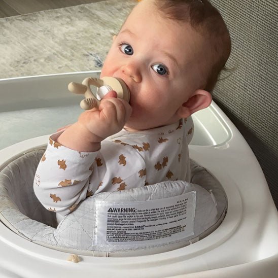 Bébé dans son déambulateur avec grignoteuse bebe.