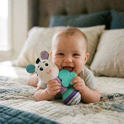 Hochet d'éveil sensoriel pour bébé avec anneau de dentition.