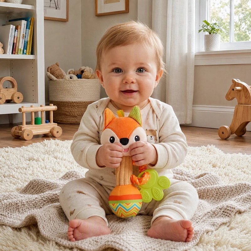 Hochet sensoriel pour bébé en forme de renard.