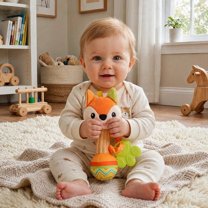 Hochet sensoriel pour bébé en forme de renard.