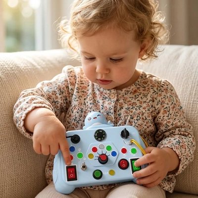 Jouet sensoriel busy board bebe Montessori pour occuper bébé.